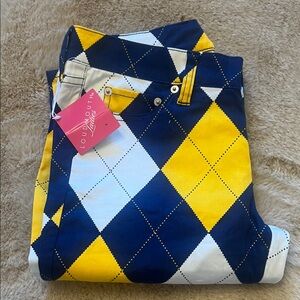 NWT: LOUDMOUTH Argyle Patterned Pants in Yellow, Navy, & White - Size 4